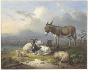 Landskap med esel, geit og sau av Dirk van Oosterhoudt