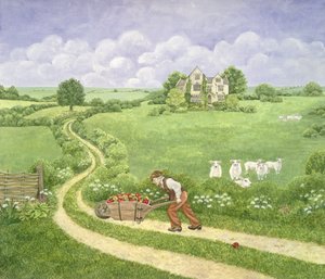 The Apple-barrow: Joseph Poorgrass triller en tønne med epler til Bathshebas residens, fra Far from the Madding Crowd, av Thomas Hardy
