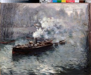 A Steamboat - Maleri av Dmitri Anfimovich Shcherbinovsky (1867-1926), olje på lerret av Dmitri Anfimovich Shcherbinovsky