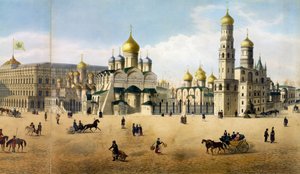 Bebudelsens og erkeengelens katedraler, fra et panorama av Moskva, gravert av Philippe Benoist 1813-c.1905 og Aubrun, pub. av Lemercier litho detalj av 105099 av Dmitri Indieitzeff