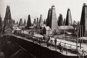 Oljebrønner ved Baku ved Det kaspiske hav, Russland, ca 1890