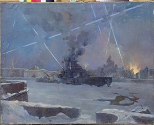 Tungt artilleri på Neva i Leningrad (Sankt Petersburg, Russland) i 1942. (En kurass på den frosne elven forsvarer den brennende byen mot luftangrep, under beleiringen av Leningrad). Episode av andre verdenskrig (1939-1945). Maler av Dmitri Nikiforovich Martynov