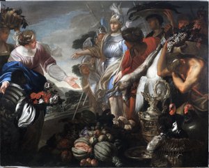 Abigail tilbyr gaver til David og hans hær (olje på lerret) av Domenica and Camogli Stefano Piola