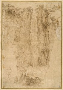 Landskap med en kaskade; ved foten, to menn, en montert (penn og brunt blekk på papir) av Domenichino