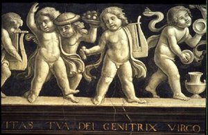 Frise av kjeruber, fra Jomfruens fødsel (fresco) (detalj av 60456) av Domenico Ghirlandaio
