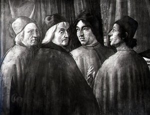 Zacharias i tempelet, detalj av mannlig gruppe av Domenico Ghirlandaio