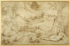 Landskap med Roger og Angelica, fra 'Orlando furioso', X, etter Titian (penn og brunt blekk på papir) av Domenico (attr. to) Campagnola