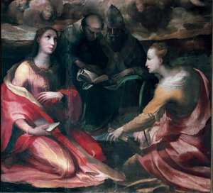 Kristus som kroner Jomfru Maria og fire hellige, detalj: Saint Mary Magdalene, Saint Anthony of Padua (san antonio di padova), pave Saint Gregoire I eller The Great and Saint Catherine of Alexandria. Maleri av Domenico Beccafumi (1486-1551) av Domenico Beccafumi