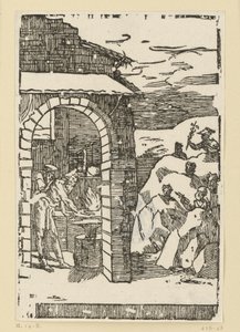 Metallenes kall. Hefaistos (Vulkan) og en lærd står ved ilden i en smie, mens gudene (som representanter for metallene) er skjult ute i klippene: Saturn (bly), Jupiter (tinn), Venus (kobber), Luna (sølv), Merkur (kvik av Domenico Beccafumi
