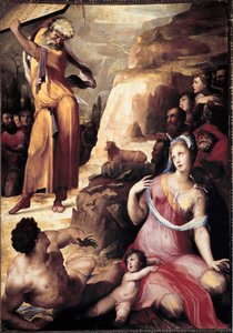 Moses bryter lovens tabeller. Det hebraiske folket i tilbedelse før gullkalven utseende skremte vreden til Moses, som våger å bryte bordene som de 10 bud er innskrevet på. Maleri av Domenico Beccafumi (1486-1551)