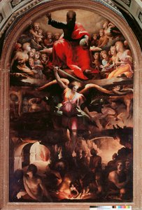 Saint Michael Chasing Rebel Angels Maleri av Domenico Beccafumi (1486-1551) 1526-1530 ca. Sol. 348x225 cm. Siena, Chiesa di San Niccolo al Carmine
