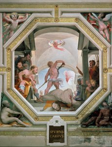 Halshuggingen av Spurius Cassius Vecellinus eller Viscellinus henrettet av faren for å ha vurdert å bli konge i 485 f.Kr. Fresco av Domenico di Giacomo di Pace dit Beccafumi (1486-1551) 1529-1535 Siena (Siena), Palazzo Pubblico av Domenico Beccafumi