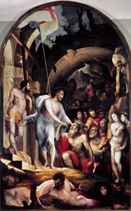 Kristi nedstigning til limbo. Han holder et hvitt banner slått med et rødt kors, et symbol på oppstandelsen. Maleri av Domenico Beccafumi (1486-1551)