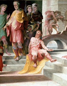 Offeret til Seleucos de Locres (Seleucus de Locride) Seleucos for å blinde sønnen sin, for å straffe ham for en voldtekt han hadde begått, foretrekker å dø med ett av øynene hans. Fresco av Domenico di Giacomo di Pace dit Beccafumi (1486-1551). Detalj. 152 av Domenico Beccafumi