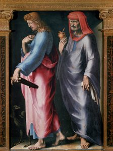 Triptych of the Trinity, Detalj høyre panel (Saint John the Evangelist og Saint Damien). Maleri av Domenico Beccafumi (1486-1551) av Domenico Beccafumi
