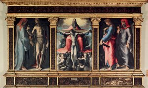 Treenighetens Triptych: Saint Cosimo (Kom eller Cosimo), Saint John the Baptist, the Trinity, Saint John the Evangelist og Saint Damien. Sett inn "" INRI"" på krysset. Maleri av Domenico Beccafumi (1486-1551) av Domenico Beccafumi
