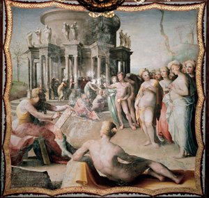 Zeuxis (eller Zeuxippos, gresk maler av Heraclee, 464-398 f.Kr.) malte portrettet av Helene for tempelet til Hera i Crotone. Maleri av Domenico Beccafumi (1486-1551)