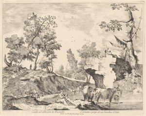 Landskap med gjeterinne og flokk ved et vannhull av Domenico Bernardo Zilotti