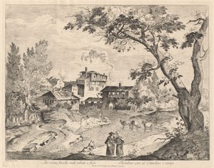 Rustikk landsby langs en elv med reisende av Domenico Bernardo Zilotti