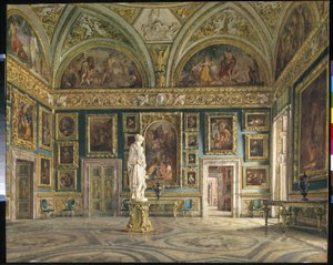 Hall of the Iliaden (Palatine Gallery) i Pitti Palace i Firenze (Italia) (The Hall of the Ilia at the Pitti Palace i Firenze). Maleri av Domenico Caligo (?-1880), olje på lerret. Italiensk kunst, andre halvdel av 1800-tallet, nyklassisisme. State He av Domenico Caligo