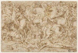 Kampscene med hester og menn av Domenico Campagnola