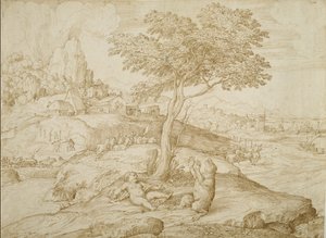 Callistos transformasjon til en bjørn etter fødselen av Arcas, ca. 1558 (penn og brunt blekk på kremfarget papir)