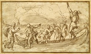 Kristus og St. Peter går på vannet (penn og brunt blekk på papir) av Domenico Campagnola
