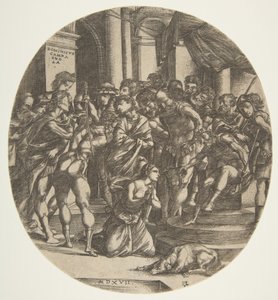 Kvinneskikkelse Saint Catherine kneler på bakken i midten og trygler til en mannsfigur..., 1517. av Domenico Campagnola