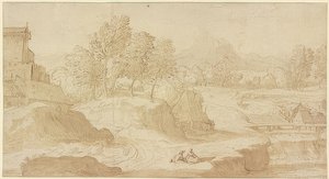 Figurativt landskap, til høyre en elv med en bro nær møller, foran to sittende figurer av Domenico Campagnola