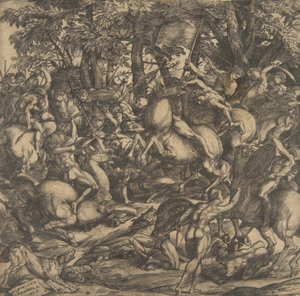 Gruppe nakne menn engasjert i kamp i et skogslandskap, noen på hesteryggen, en hund på lo..., 1517.