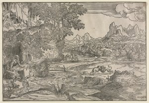 Landskap med Saint Hieronymus og to løver av Domenico Campagnola