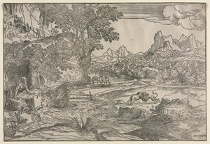 Landskap med Saint Hieronymus og to løver, ca. 1530-35. av Domenico Campagnola