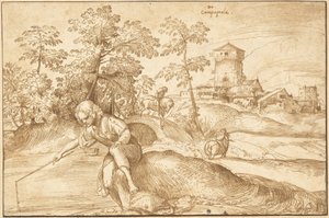 Landskap med en gutt som fisker av Domenico Campagnola