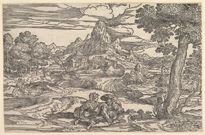 Landskap med en kvinne som sitter ved siden av en mann som spiller en dreieskiver, ca. 1540. av Domenico Campagnola