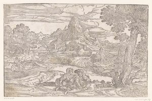 Landskap med et par med dreieskiver av Domenico Campagnola