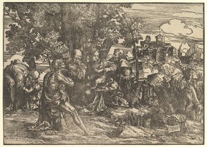 Maria satt under trær med baby, flankert av Josef til venstre og St. Hieronymus til høyre, St..., 1517. av Domenico Campagnola