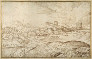 Fjelllandskap med en elv og en befestet by med et tårn med spir (penn og brunt blekk på hvitt papir) av Domenico Campagnola