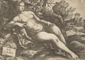 Naken kvinne Venus liggende i et landskap, 1517.