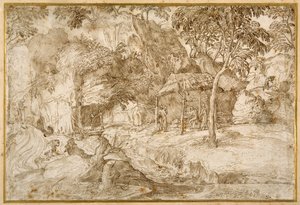 Pilegrimer som besøker St. Jerome i villmarken (penn og brunt blekk på hvitt papir) av Domenico Campagnola
