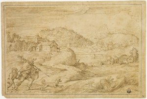 Elvelandskap med Saint Roch og et barn som reiser med hund av Domenico Campagnola