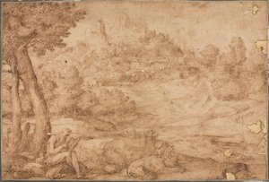 Saint Hieronymus i et landskap, ca. 1530. av Domenico Campagnola