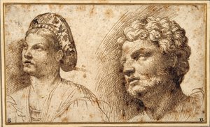 Studie av hodet og skuldrene til en ung kvinne som har på seg en balza, og av hodet til en skjeggete mann (penn og blekk på papir) av Domenico Campagnola