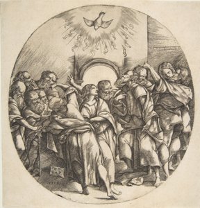 Den Hellige Ånd som en fugl som stiger ned med spredte vinger øverst i midten, de tolv apostlene ..., 1518.