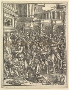 The Massacre of the Innocents Høyre side med en gruppe mannlige skikkelser som angriper kvinner og ..., 1517. av Domenico Campagnola