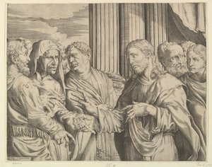 The Tribute Money: Kristus i midten til høyre og gestikulerer til mannen til venstre med mynter ..., ca. 1564-89. av Domenico Campagnola
