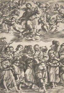 Jomfruen øverst i midten i skyer med foldede hender og høyre fot hevet, omgitt av..., 1517. av Domenico Campagnola