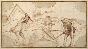 To bønder som tresker (penn og brunt blekk med brun vask på papir) av Domenico Campagnola