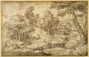 Skoglandskap med en gård og en trebro over en sluse (penn og brunt blekk på papir) av Domenico Campagnola