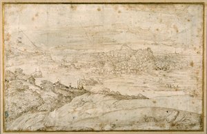Skoglandskap med en svingete elv; i det fjerne en by, en blanding av spir og kupler med antikke ruiner (penn og brunt blekk på hvitt papir) av Domenico Campagnola
