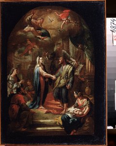 ""Le mariage de la Vierge"" (The Marriage of Mary and Joseph) Peinture de Domenico Corvi (1721-1803) 18eme siecle State Art Museum, Toula, Russie   1324914   no       norwegian Successfully Translated  Original: Drie meisjes, bij de zee Translat: Drie meis